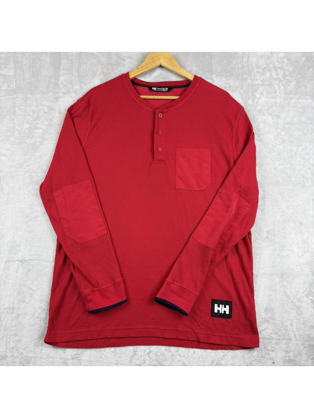 Helly Hansen Waffle Knit Henley Shirt Mens XL Red Long Sleeve Thermal Casual Top